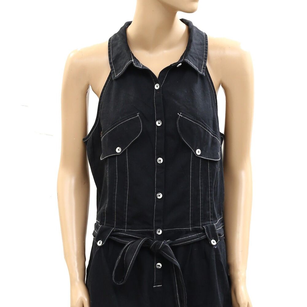 Free people Free-est Sunset Sail Romper Dress Collared Buttondown Black L 286094 - Picture 6 of 9